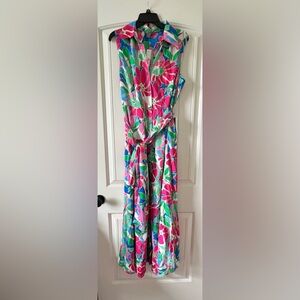 New Love by Design 1X Evangeline Sleeveless Maxi Shirt Dress Brady Pink/Blue Tie